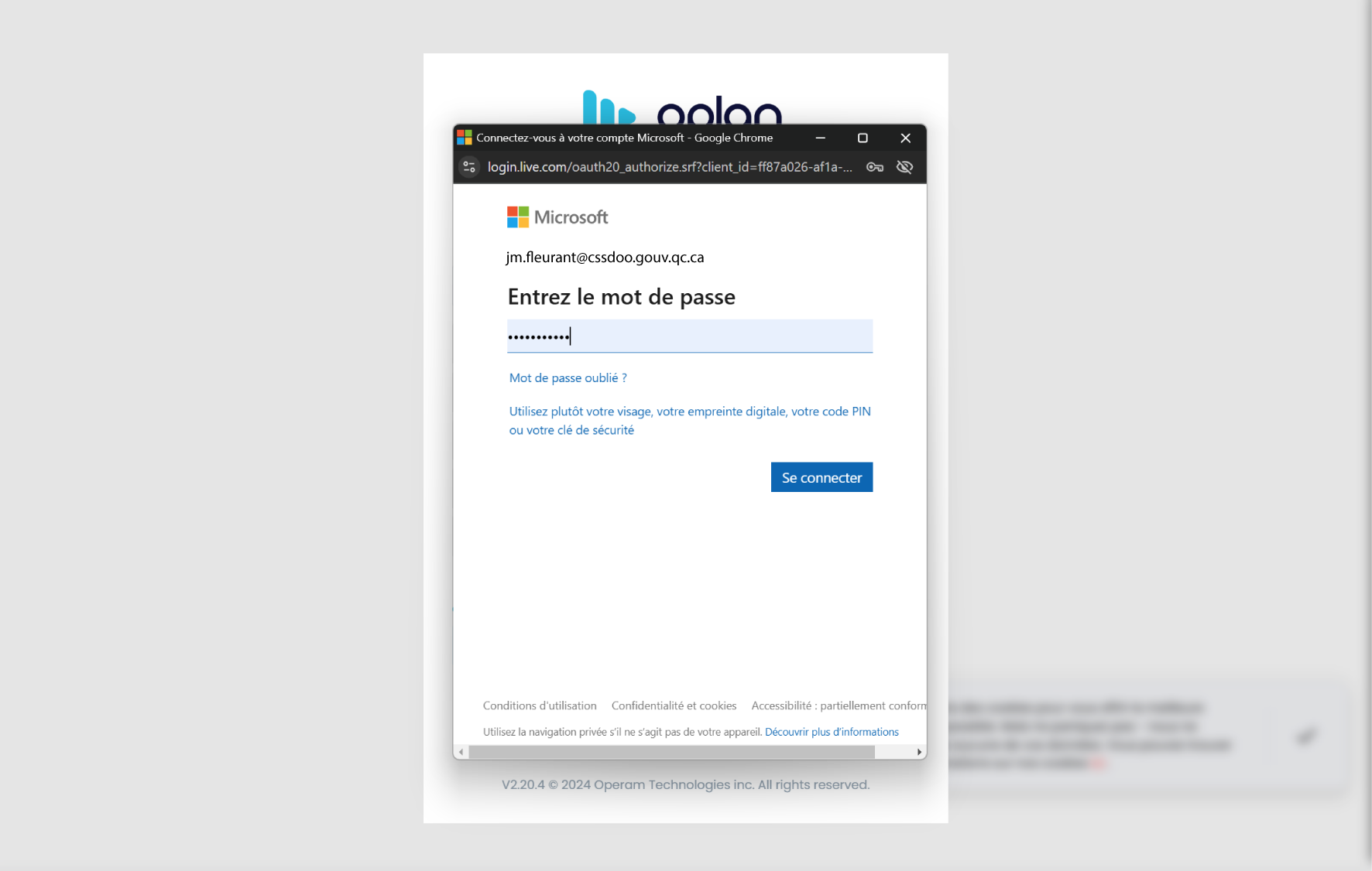 Page de connexion avec microsoft