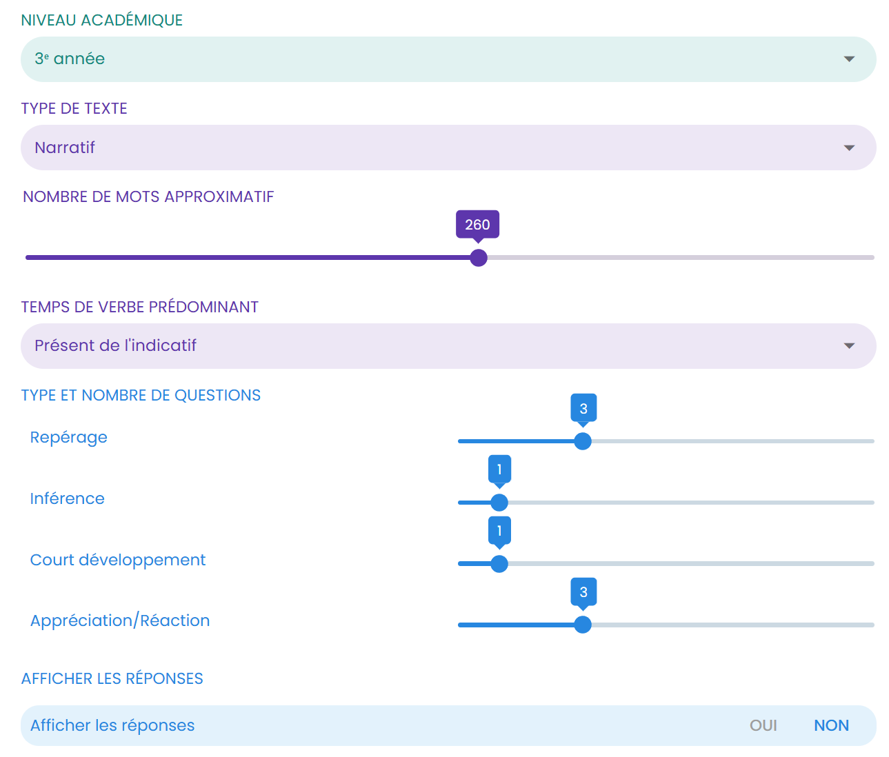 Configurations du générateur